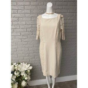 Antonio Melani Women Cream Sheer Lace 3/4 Sleeve Sheath Dress Size 14